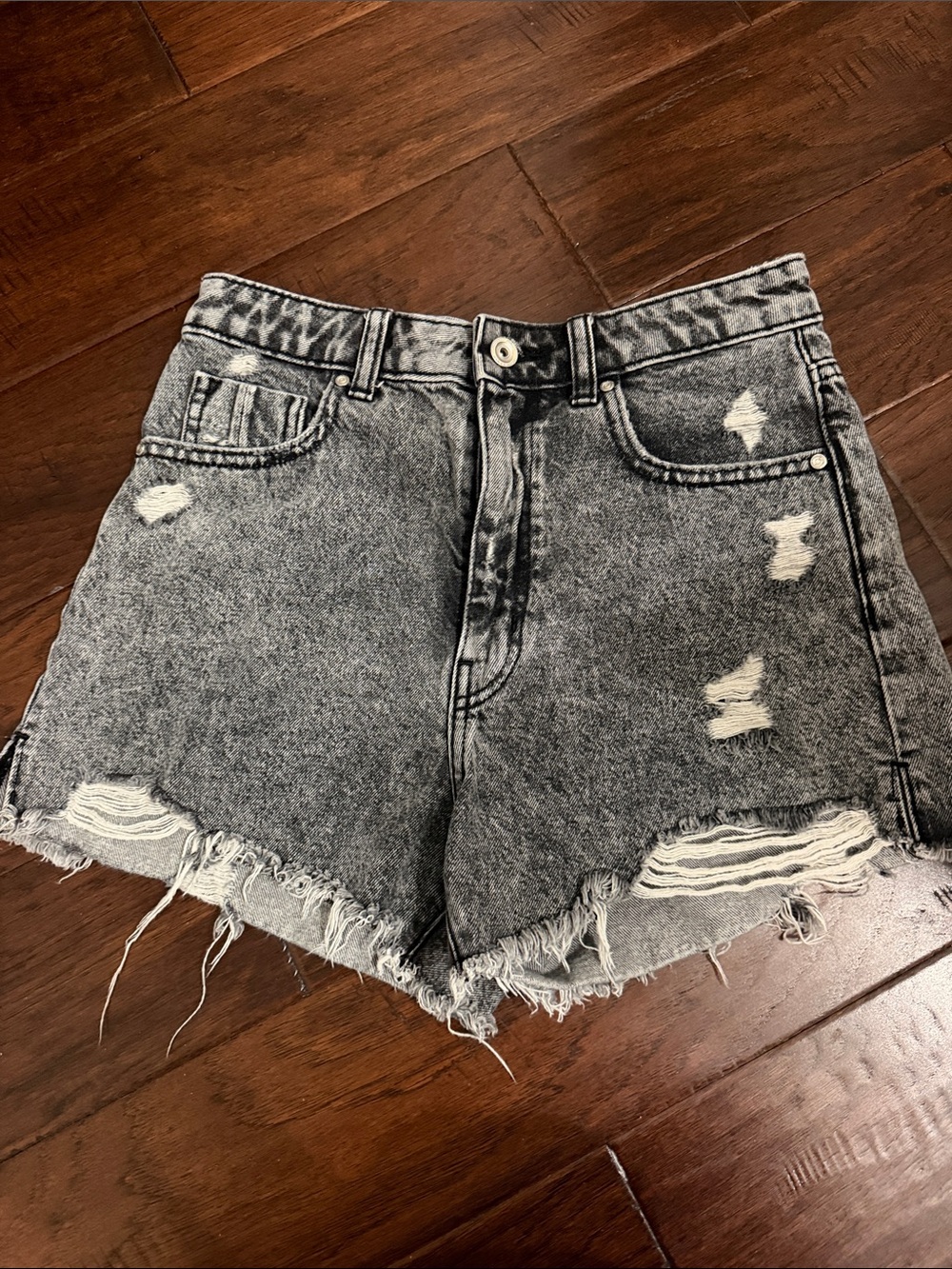 Zara Black Acid-Wash Distressed Jean Shorts